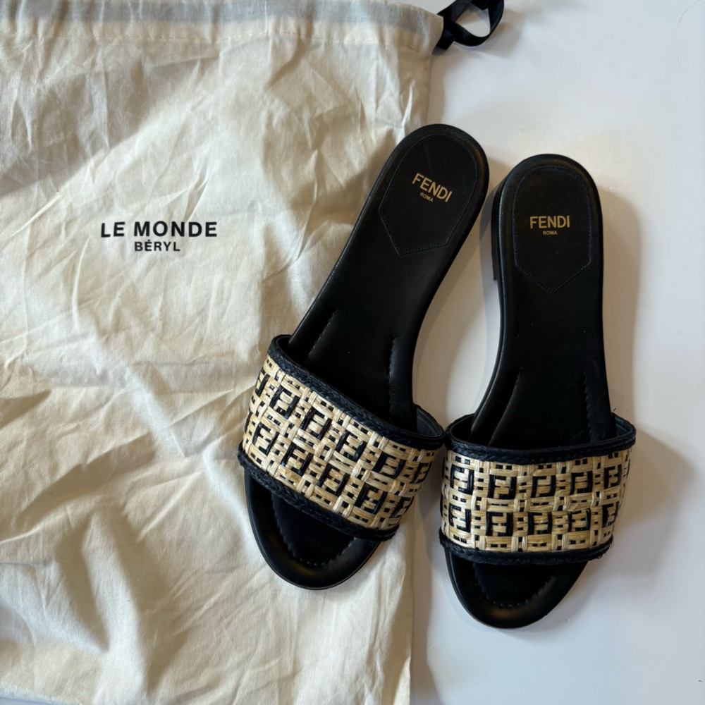 Fendi || FF Monogram Interlace Raffia Woven Slides Sandals Tan Black 39 - Picture 10 of 12